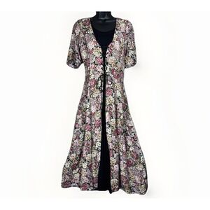 VTG Nostalgia Double Corset Black Floral Midi Dress LG Short Sleeve Boho Grunge